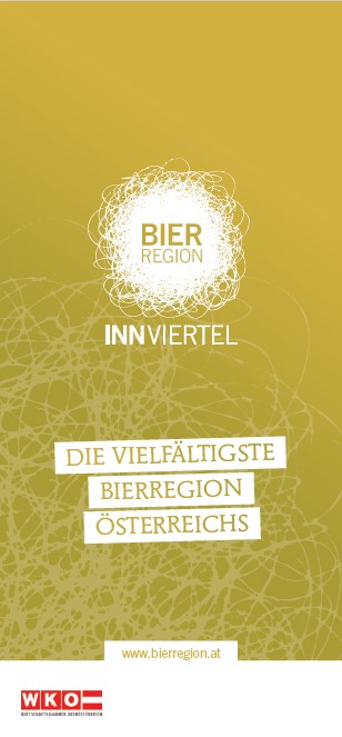 Ein goldener Flyer mit der Aufschrift "Die vielfältigste Bierregion Österreichs" und dem Logo der Bierregion Innviertel.