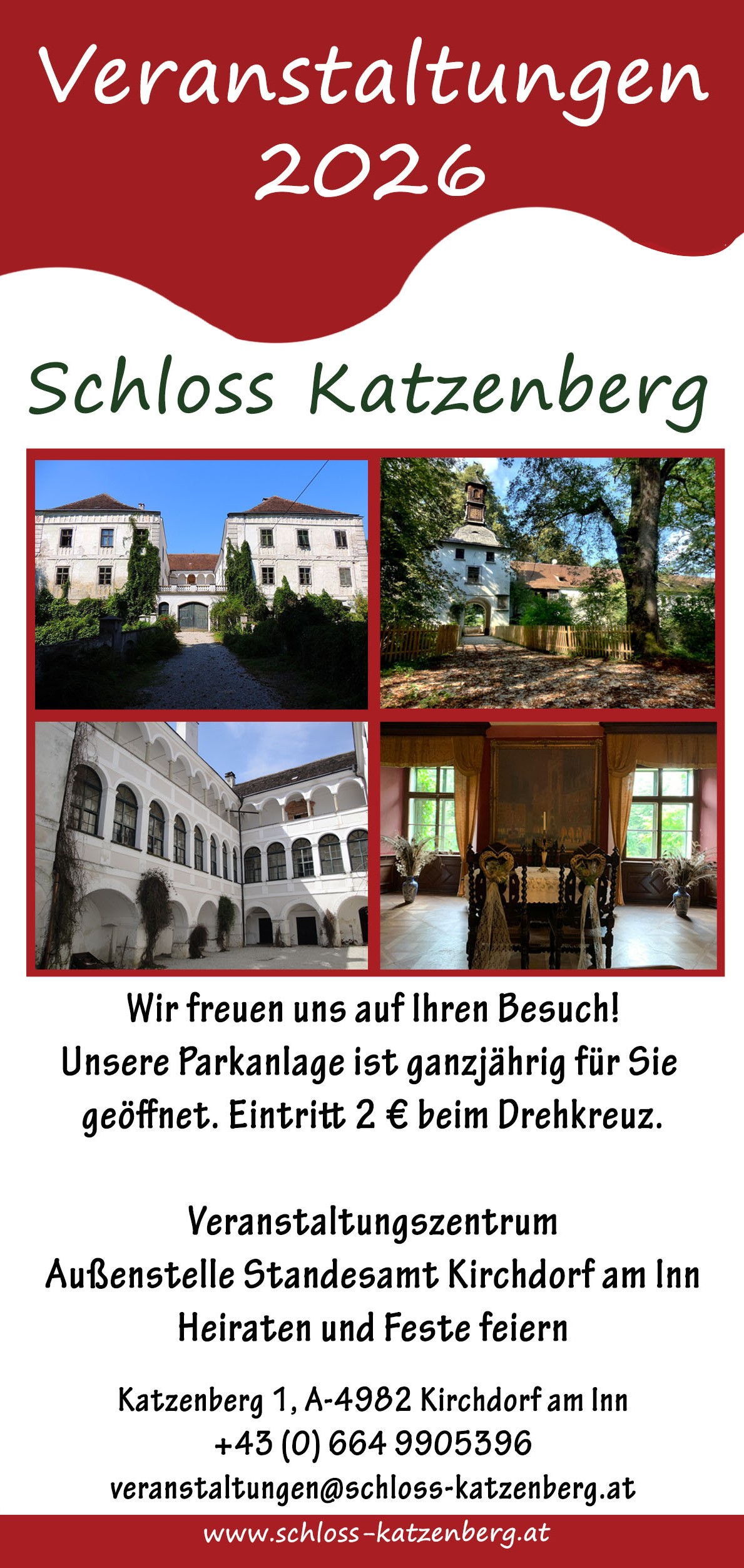 Mehrere Fotos vom Schloss Katzenberg von außen und Innenräumen mit der Aufschrift Veranstaltungen 2026.